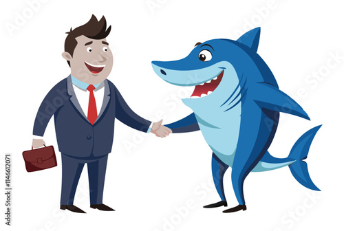 greedy shark in business suit shaking hand with businessman vector image, Isolated on white background.
