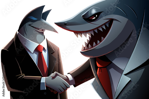 greedy shark in business suit shaking hand with businessman vector image, Isolated on white background.
