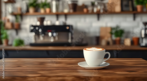 Cappuccino is standing on a wooden table in a cafe with a coffee machine in the background