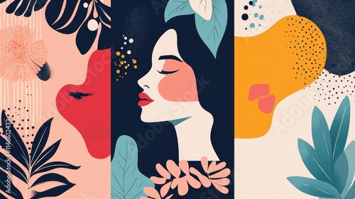 Abstract female portrait with floral and geometric elements.