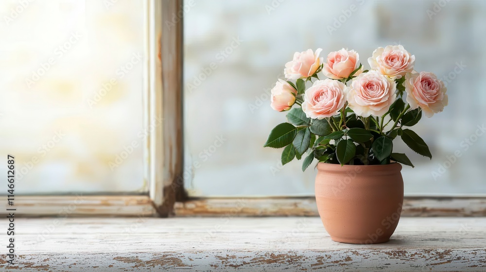 Beautiful pink roses in a terracotta pot placed on a rustic wooden table by a sunny window, creating a warm and inviting atmosphere in a cozy interior setting. Beautiful pink roses in a terracotta pot placed on a rustic wooden table by a sunny window, creating a warm and inviting atmosphere in a cozy interior setting.