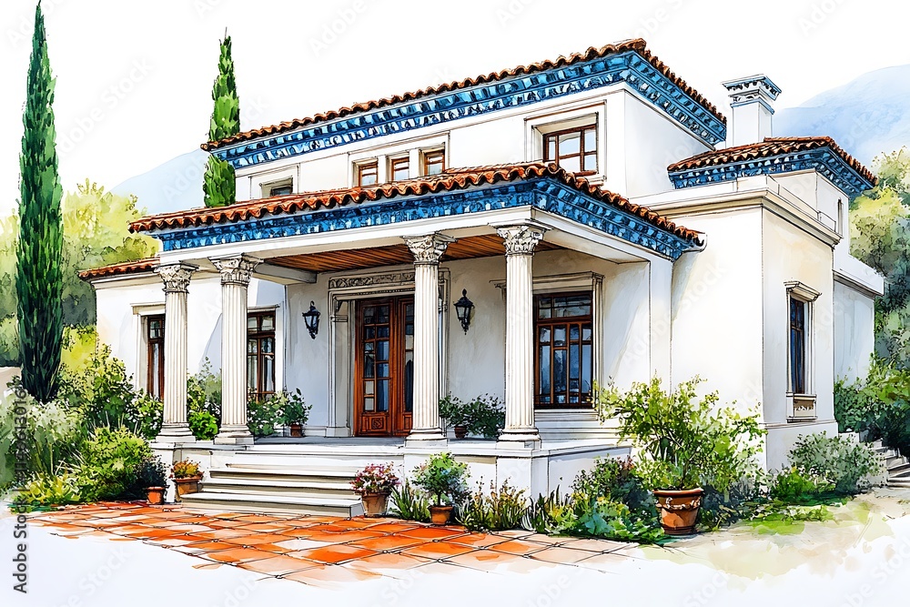A historic old house with a European-style facade in a town on an island country surrounded by a garden and rich architectural details A historic old house with a European-style facade in a town on an island country surrounded by a garden and rich architectural details
