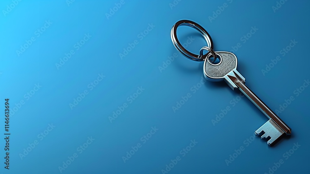 Keychain with Silver House Key on Blue Background, Real Estate Idea, Generative Ai. Keychain with Silver House Key on Blue Background, Real Estate Idea, Generative Ai.