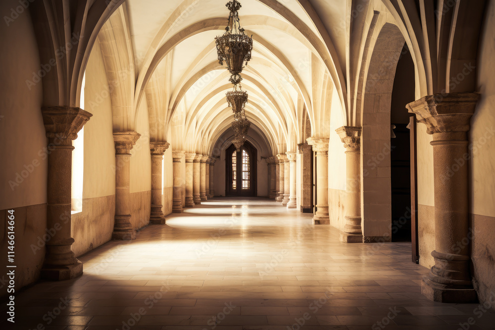 Majestic Medieval Hallway with Sunlit Arches Majestic Medieval Hallway with Sunlit Arches
