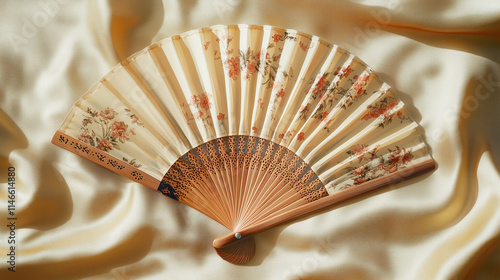 Traditional Chinese fan with floral design on silk background photo