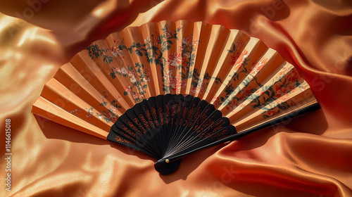 Traditional Chinese fan with floral design on silk background photo