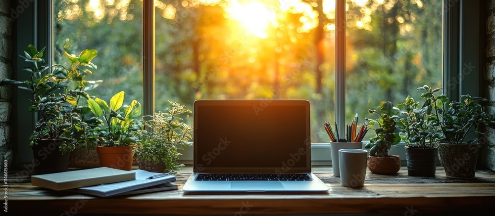Laptop on a windowsill with plants and papers. Laptop on a windowsill with plants and papers.