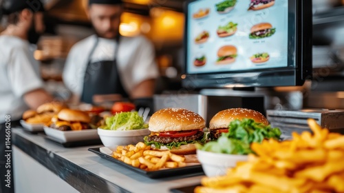 A display of delicious burgers and fries in a bustling restaurant, with staff preparing fresh meals in the background.