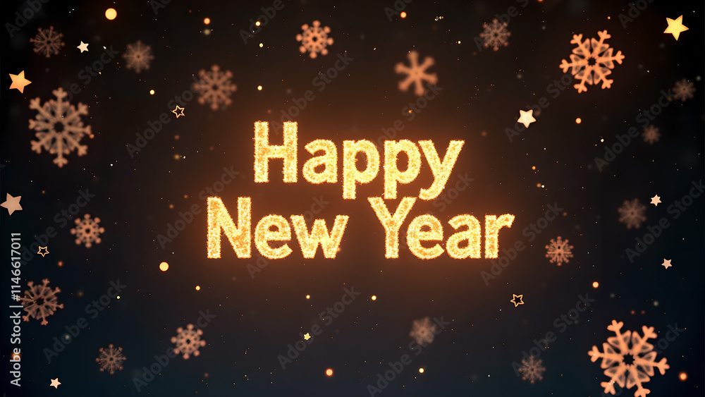 Happy New Year golden text with snowflakes. Concept of celebration, new beginning, and winter holidays. Happy New Year golden text with snowflakes. Concept of celebration, new beginning, and winter holidays.