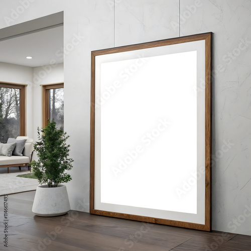 Modern wooden picture frame on the wall in a modern home.