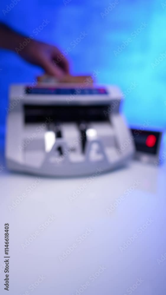 Fifty euro bills are placed into money counting machine. Blurred image. Male hand takes a stack of cash and puts in front of camera. Vertical video. Fifty euro bills are placed into money counting machine. Blurred image. Male hand takes a stack of cash and puts in front of camera. Vertical video.