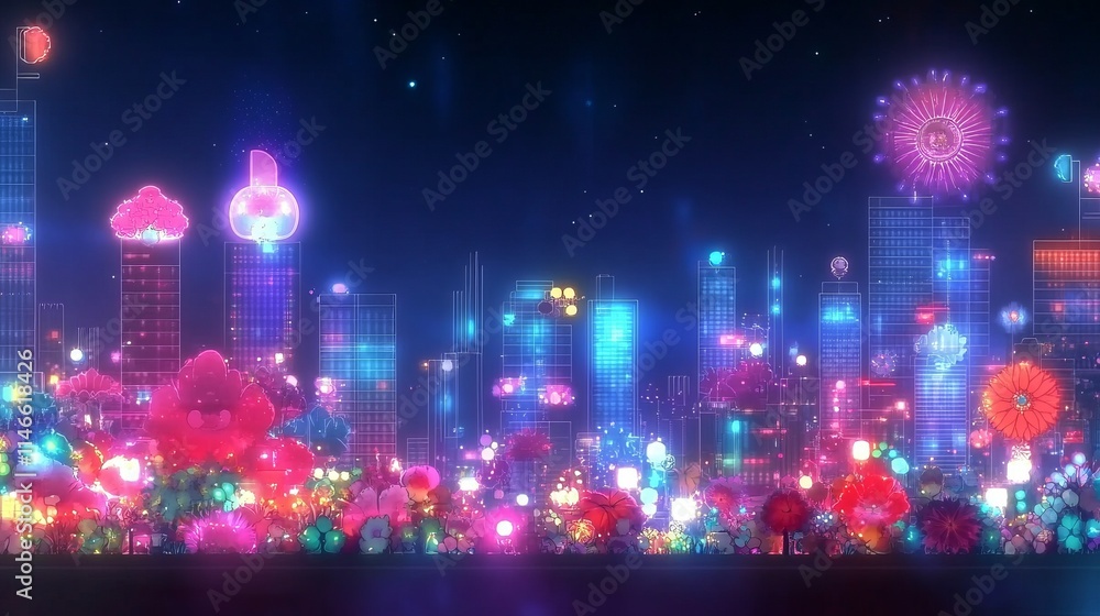 Neon Cityscape with Vibrant Floral Display and Fireworks Neon Cityscape with Vibrant Floral Display and Fireworks