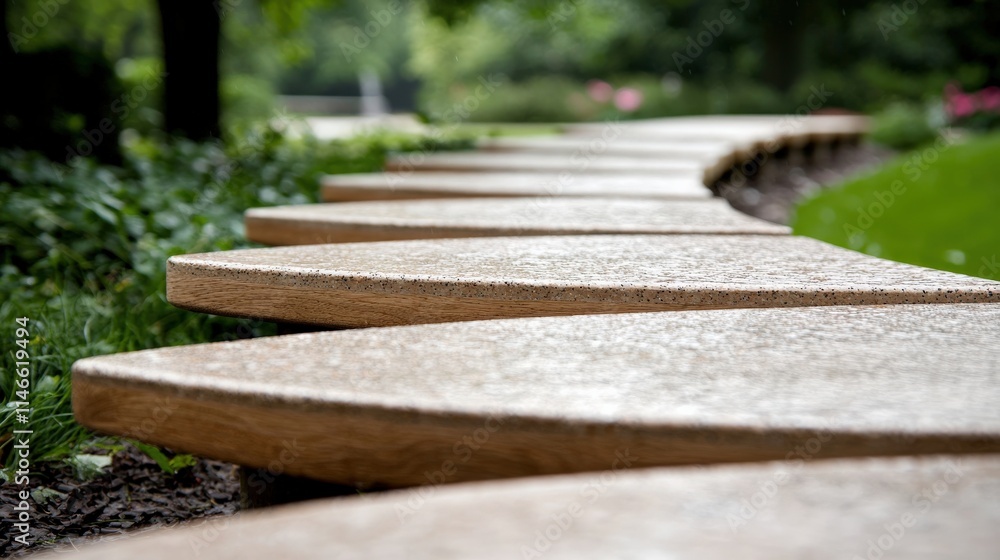 A winding path made of textured stone slabs surrounded by lush greenery, inviting exploration in a tranquil outdoor setting. A winding path made of textured stone slabs surrounded by lush greenery, inviting exploration in a tranquil outdoor setting.