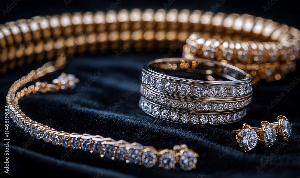 A collection of elegant jewelry pieces displayed on a dark fabric background. A collection of elegant jewelry pieces displayed on a dark fabric background.
