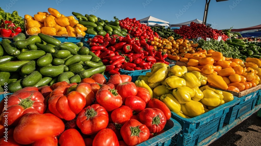 A vibrant display of fresh, colorful vegetables at a market, highlighting an array of peppers, tomatoes, and squash in bright hues under a clear blue sky. A vibrant display of fresh, colorful vegetables at a market, highlighting an array of peppers, tomatoes, and squash in bright hues under a clear blue sky.