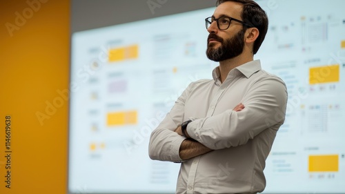 A teacher explains algorithms in a high-tech classroom setting, highlighting modern education techniques.