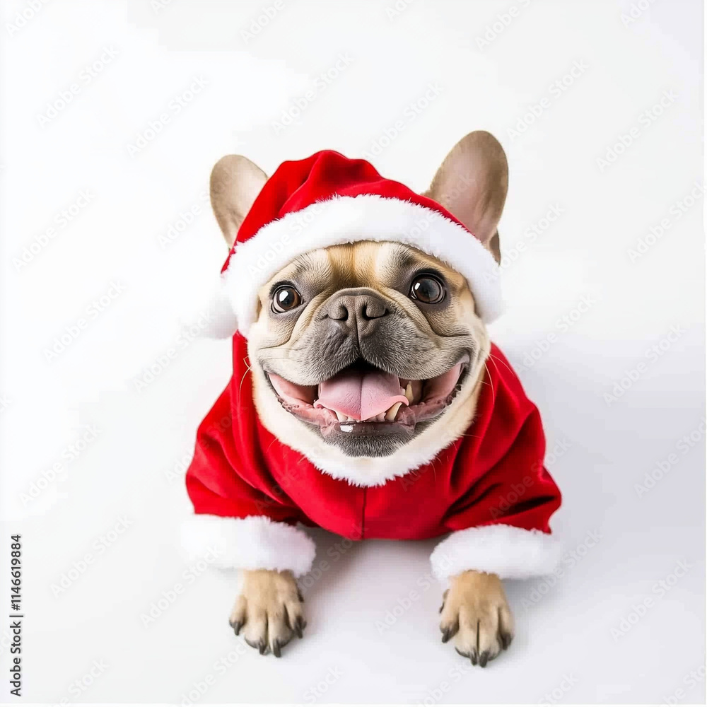 Full body shot of French Bulldog dog, lying down, smiling. Wearing Christmas costume. Full body shot of French Bulldog dog, lying down, smiling. Wearing Christmas costume.