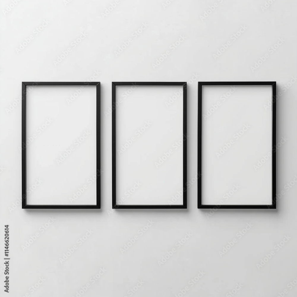 Three Black Frames on White Wall with Blank Space Three Black Frames on White Wall with Blank Space