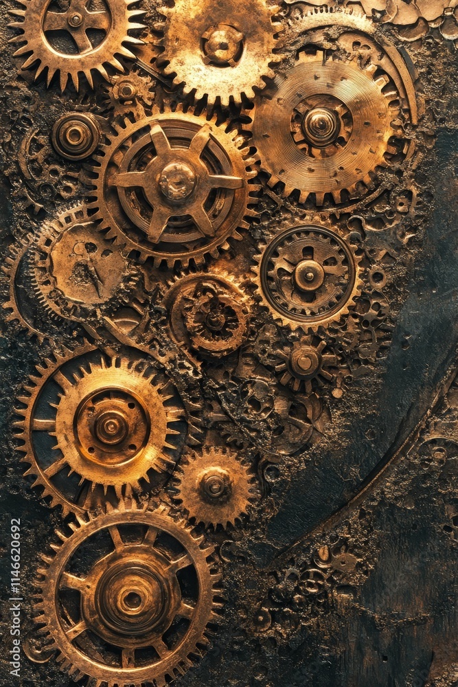 Interlocking bronze gears, aged texture, intricate mechanism. Interlocking bronze gears, aged texture, intricate mechanism.