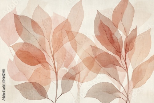 Abstract watercolor painting of translucent peach and brown leaves on a beige background.
