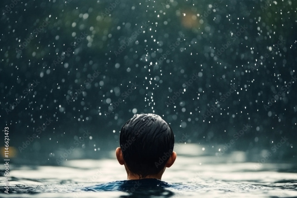 A boy in water enjoying rain, creating a serene and contemplative atmosphere. A boy in water enjoying rain, creating a serene and contemplative atmosphere.