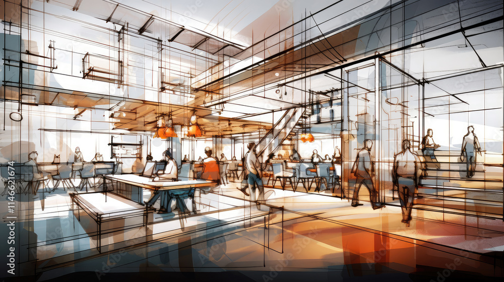 Fototapeta premium Modern Office Space Design Concept Sketch