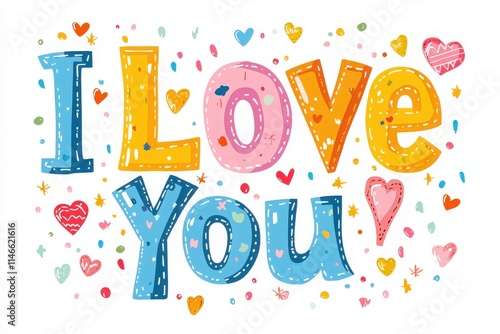 The design features the phrase I Love You in a playful, colorful font surrounded by hearts and stars. It conveys a joyful and heartfelt message perfect for various occasions.