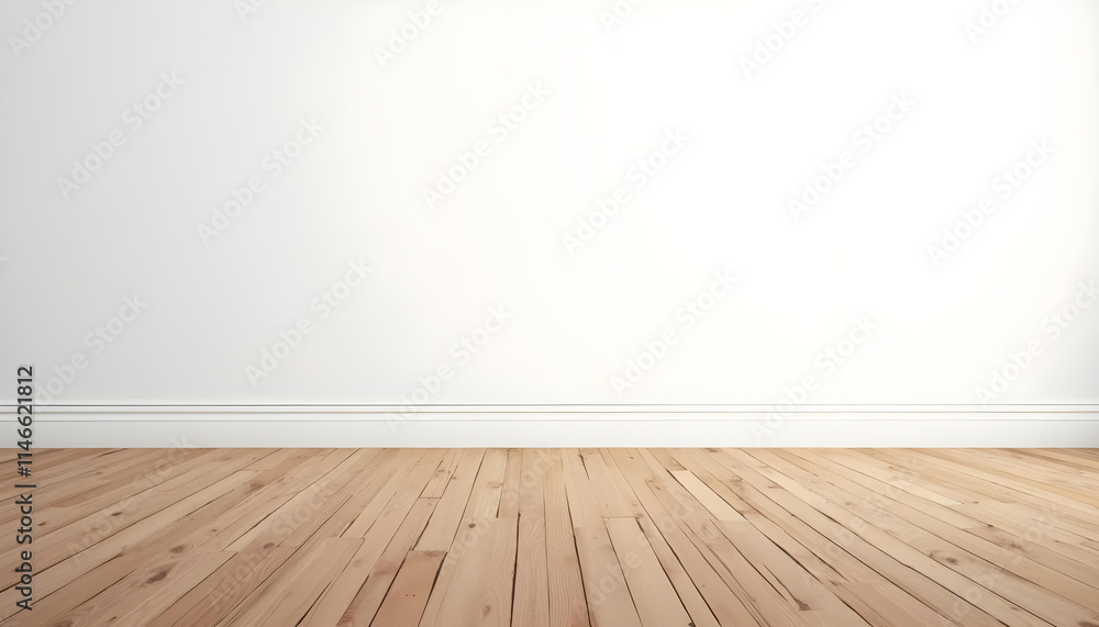 Obraz premium Minimalista pared blanca con suelo de madera y espacio para texto. Maqueta plantilla fondo. Mockup 