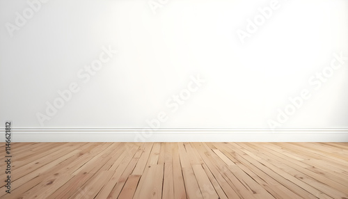 Minimalista pared blanca con suelo de madera y espacio para texto. Maqueta plantilla fondo. Mockup 
