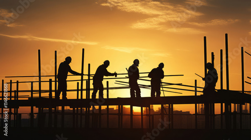 Construction Team Working at Sunset Silhouette photo