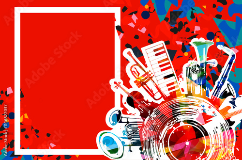 Music background with colorful music instruments and vinyl record disc vector illustration. Music festival poster with double bell euphonium, violoncello, trumpet, piano, euphonium, sax and guitar