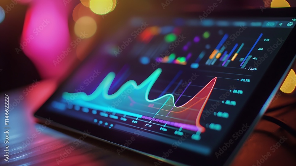 Close-up of a digital tablet presenting real-time sales data with colorful infographics and a line graph showing upward trends. Close-up of a digital tablet presenting real-time sales data with colorful infographics and a line graph showing upward trends.