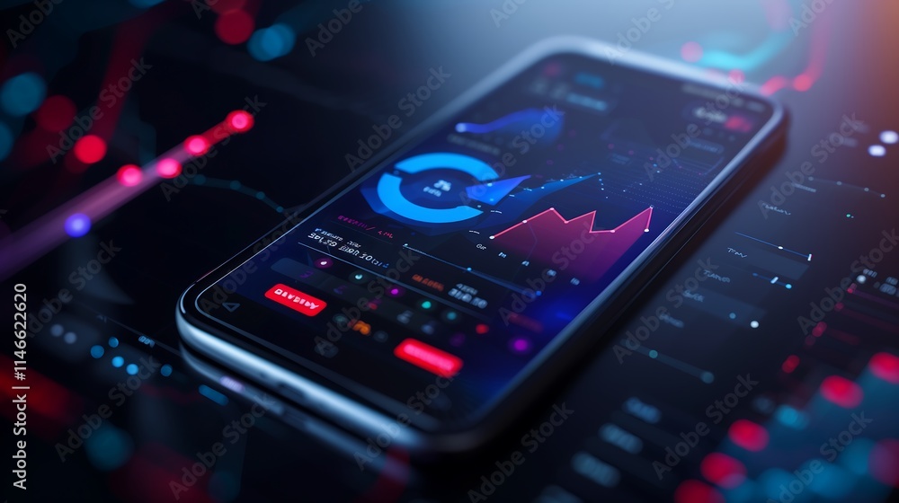 Close-up of a smartphone screen with business analytics app showing revenue breakdown and growth percentages. Close-up of a smartphone screen with business analytics app showing revenue breakdown and growth percentages.