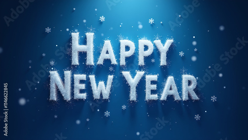 Happy New Year text with snow effect. Concept of celebration, new year, and winter.