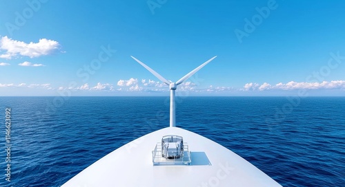 A wind farm with offshore wind turbines in the ocean. Sustainable energy generation and clean power. Detailed view of a wind turbine. 3D rendering. photo