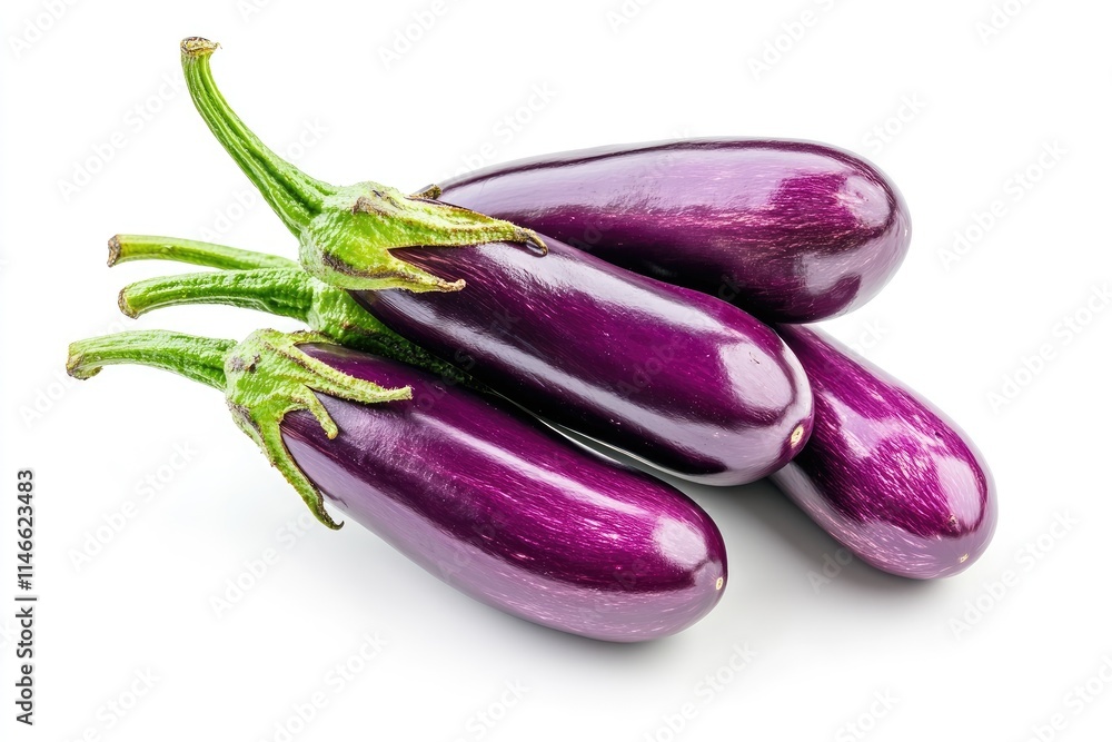 A cluster of fresh purple eggplants with their stems, cleanly isolated on white A cluster of fresh purple eggplants with their stems, cleanly isolated on white