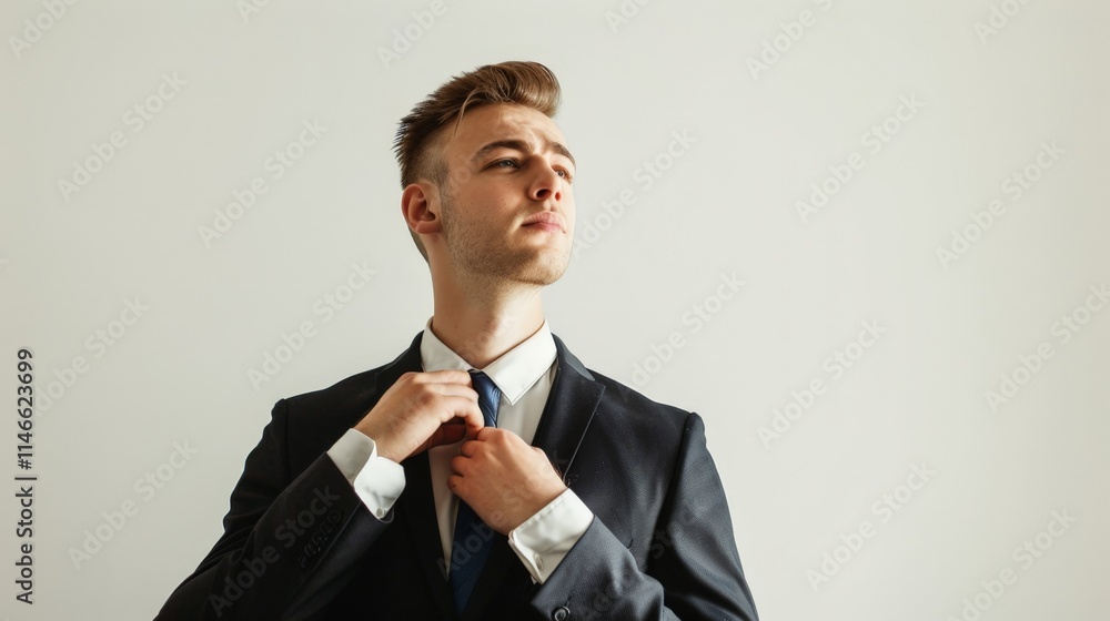 Confident Businessman Adjusting Tie in Formal Attire Against Simple Background Confident Businessman Adjusting Tie in Formal Attire Against Simple Background