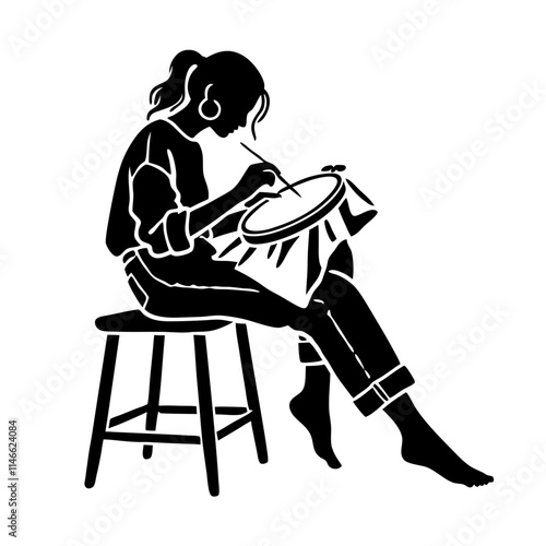 Silhouette of a woman embroidering while sitting on a stool, artistic vector illustration