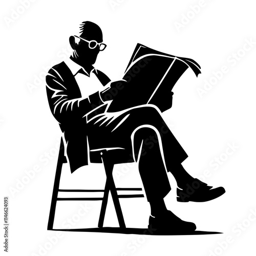 Elderly man reading a newspaper with focus, black silhouette on clear background