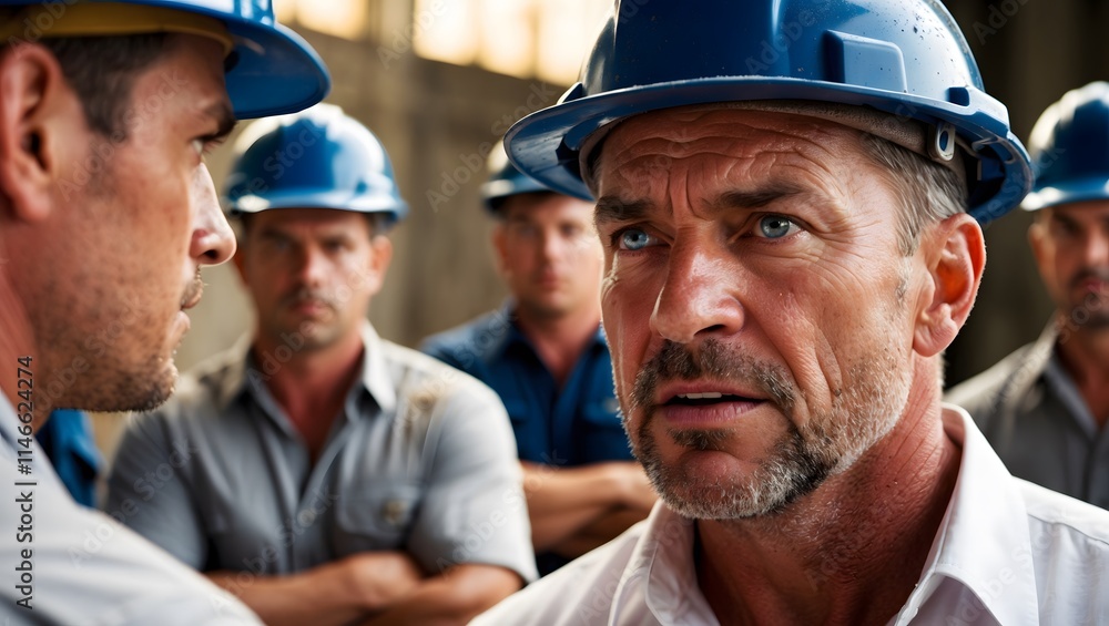 Highly detailed, exquisite macro photography closeup capturing the intense expression of a seasoned foreman, with a strong jawline, prominent nose, and a few days' worth of stubble, as he explains job Highly detailed, exquisite macro photography closeup capturing the intense expression of a seasoned foreman, with a strong jawline, prominent nose, and a few days' worth of stubble, as he explains job