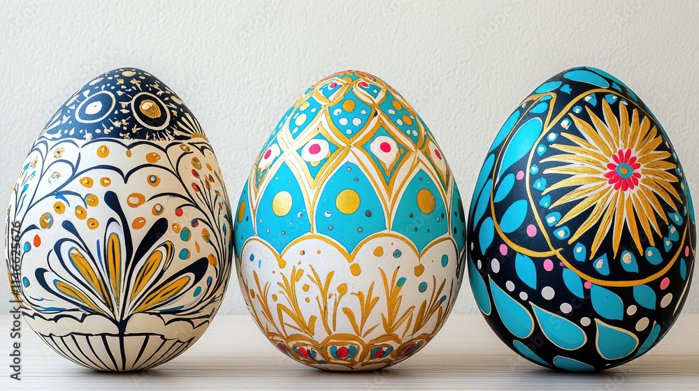 Three intricately painted Easter eggs in blue, gold, and black designs on a white background. Three intricately painted Easter eggs in blue, gold, and black designs on a white background.