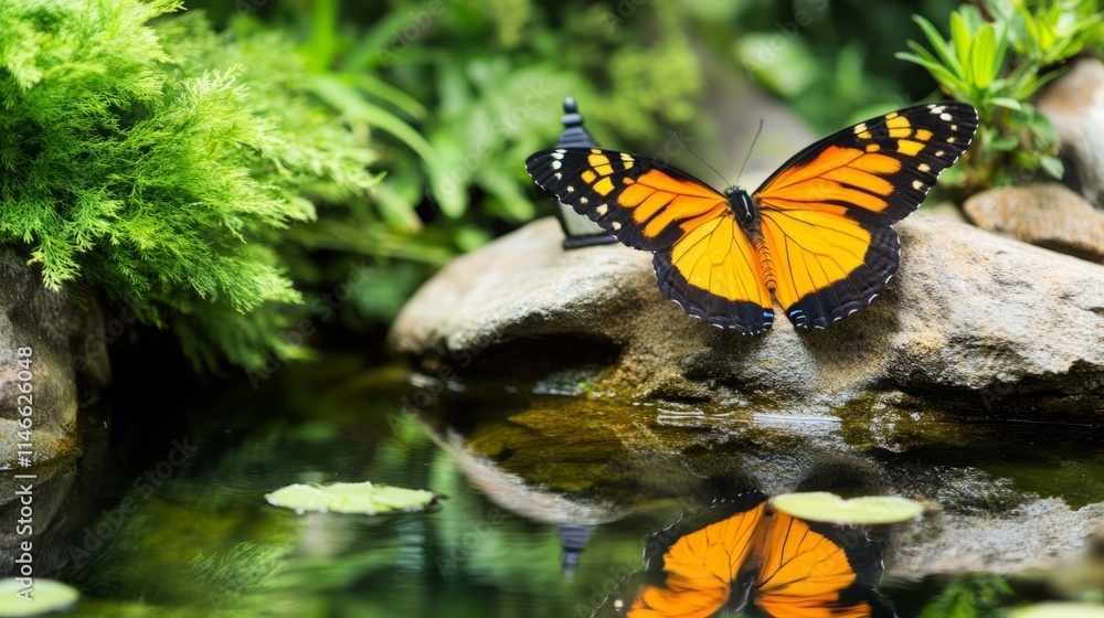 Naklejka premium Orange Butterfly Near Tranquil Water Garden