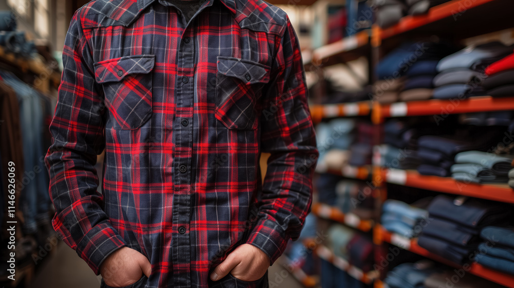 Male wearing plaid shirt in clothing store aisle surrounded by shelves of folded clothes Male wearing plaid shirt in clothing store aisle surrounded by shelves of folded clothes