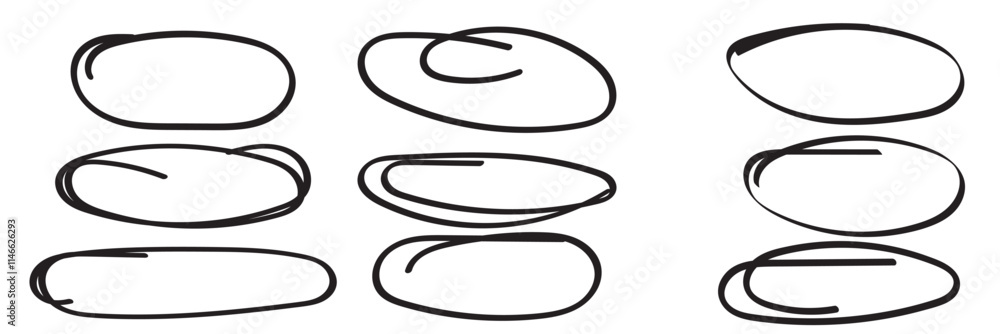 Red circle highlight, pen ovals doodle. Marker ellipses frames in sketch style. Hand drawn vector illustration isolated on white background Red circle highlight, pen ovals doodle. Marker ellipses frames in sketch style. Hand drawn vector illustration isolated on white background