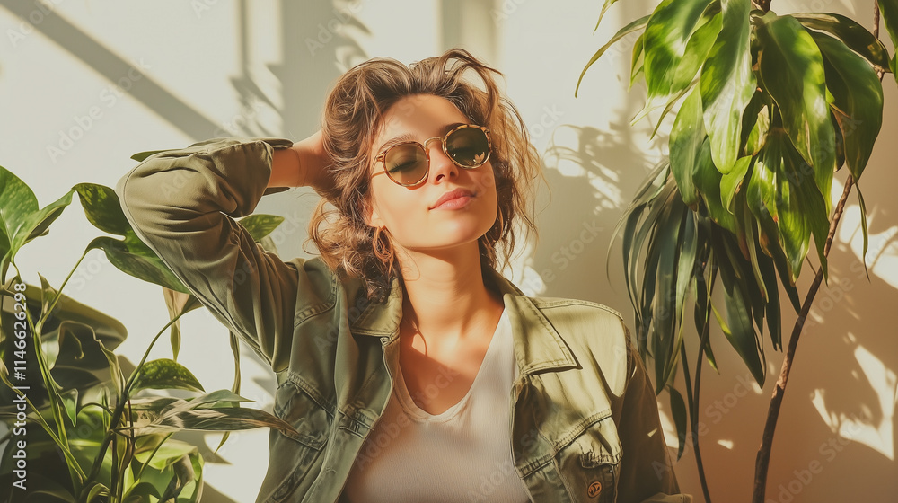 Φωτογραφία Young fashionable woman poses in sunglasses against a backdrop of indoor plants