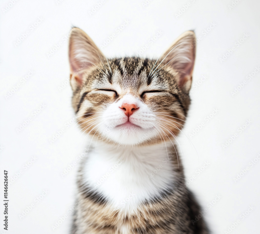 Happy cat with closed eyes, isolated on a white background Happy cat with closed eyes, isolated on a white background