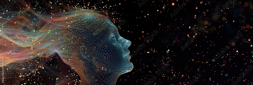 Digital Human Face and Universe Connection Concept Digital Human Face and Universe Connection Concept