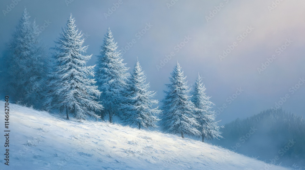 A serene winter landscape featuring snow-covered trees on a gentle slope. A serene winter landscape featuring snow-covered trees on a gentle slope.
