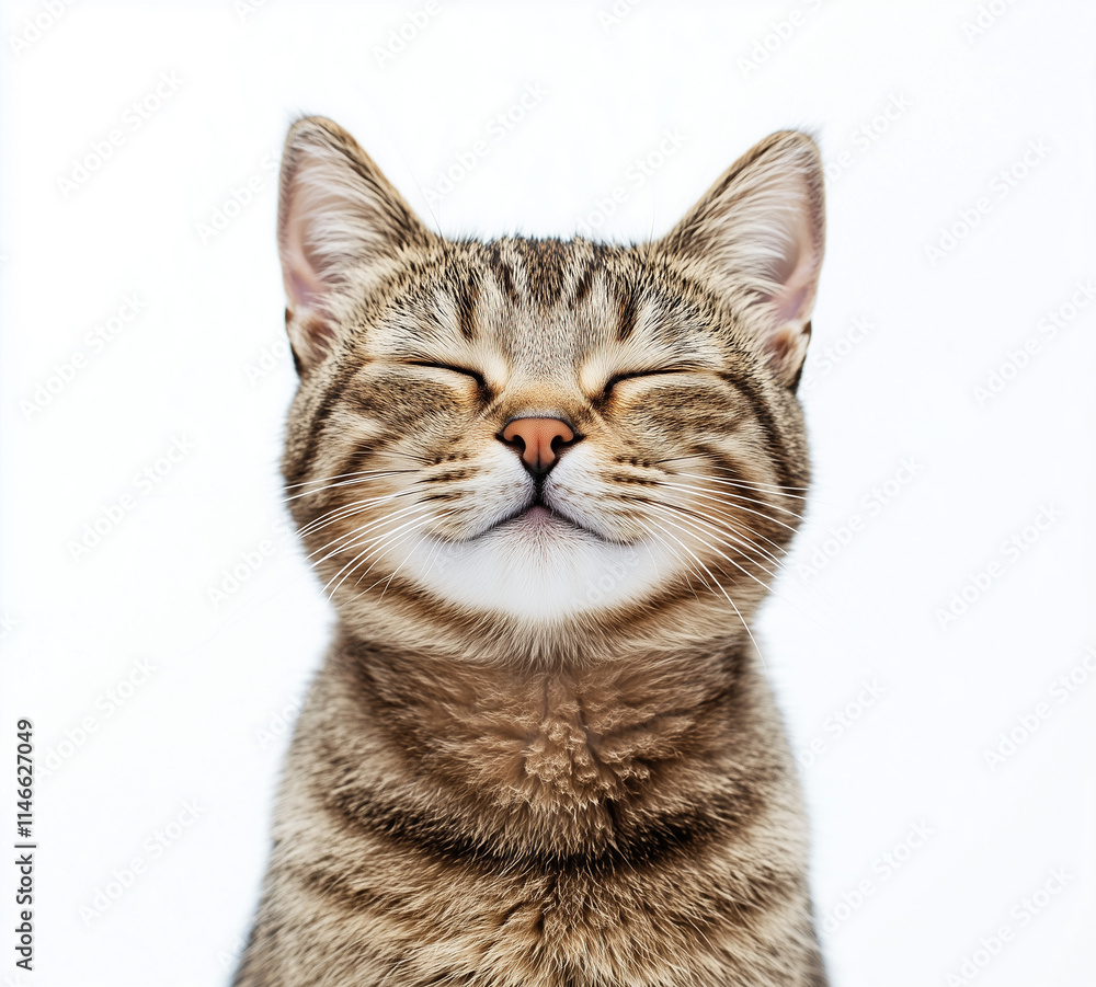 Happy cat with closed eyes, isolated on a white background Happy cat with closed eyes, isolated on a white background