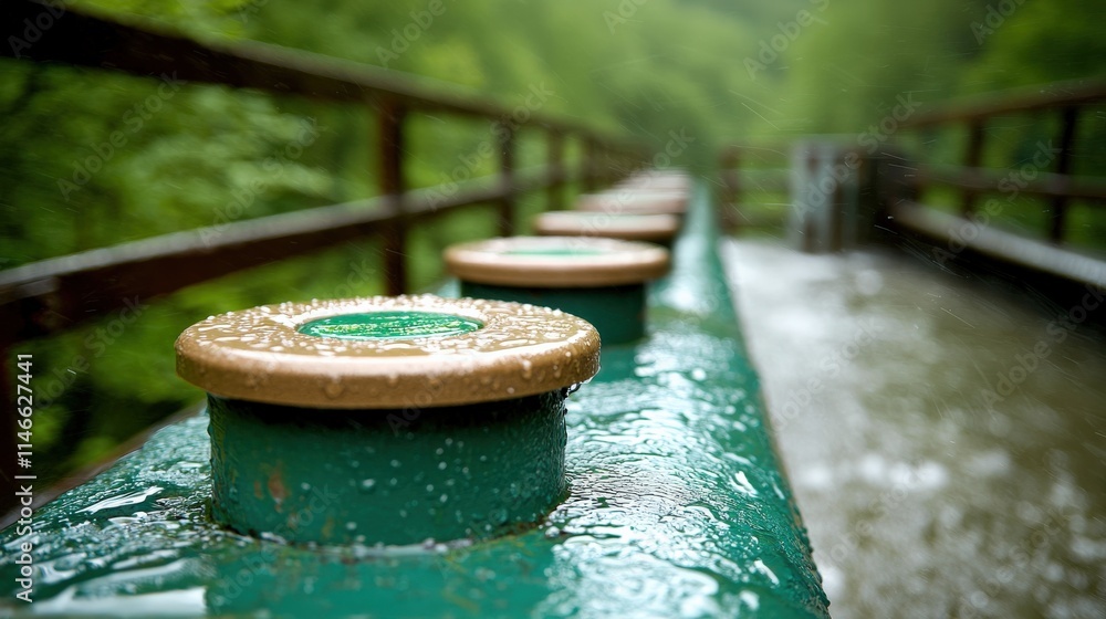 A close-up view of metallic caps on a green surface, surrounded by lush greenery, with water droplets glistening in a serene natural setting. A close-up view of metallic caps on a green surface, surrounded by lush greenery, with water droplets glistening in a serene natural setting.
